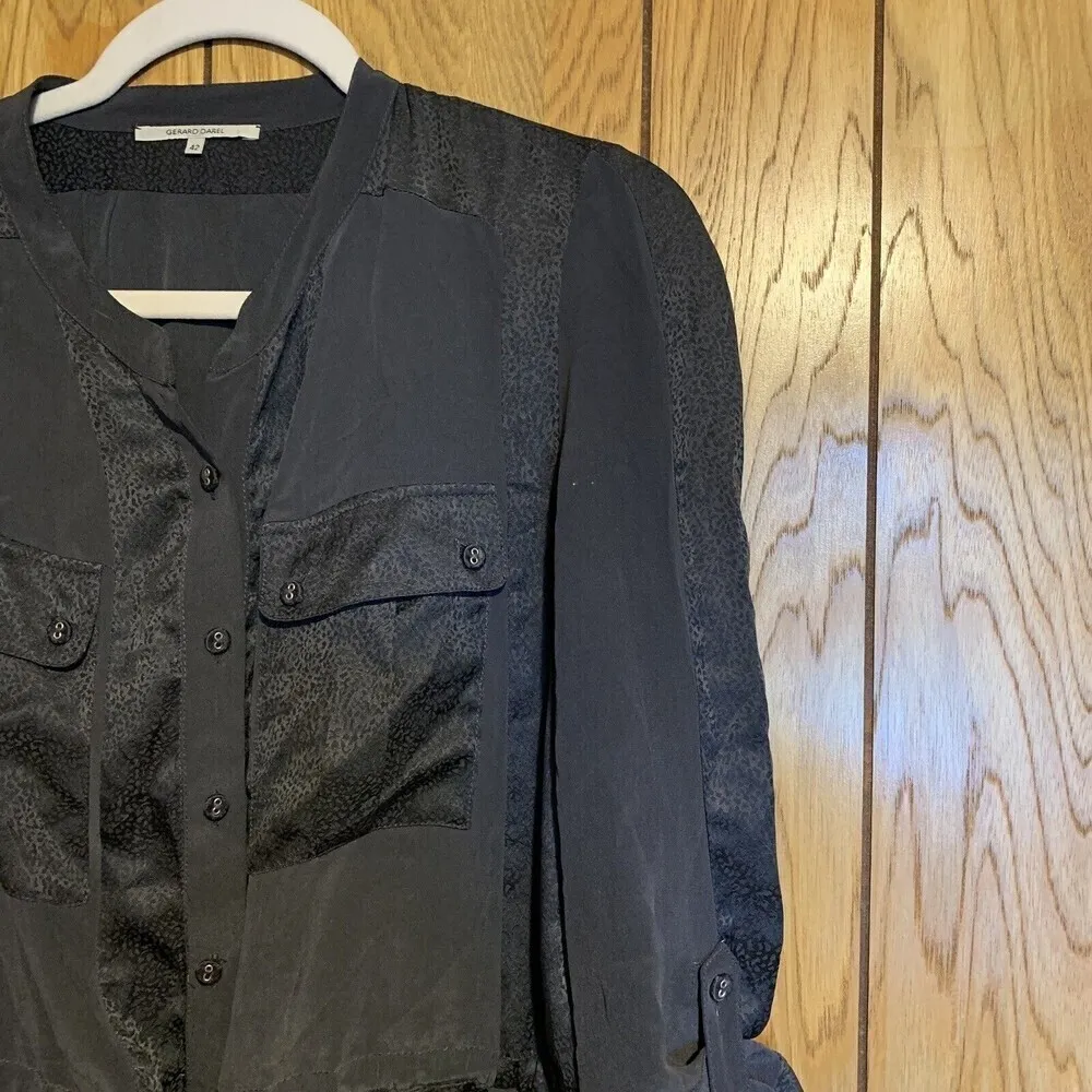 Gerard Darel Womens Size 42 Gray Printed Button Up Cinched Drawstring Tunic Top - Image 3