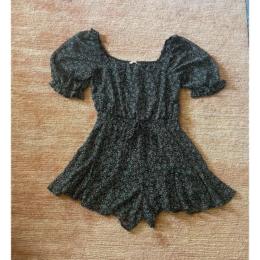 Francesca's Mi Ami Floral Romper M Black Green Puff Sleeve Square Neck Boho M - Image 2