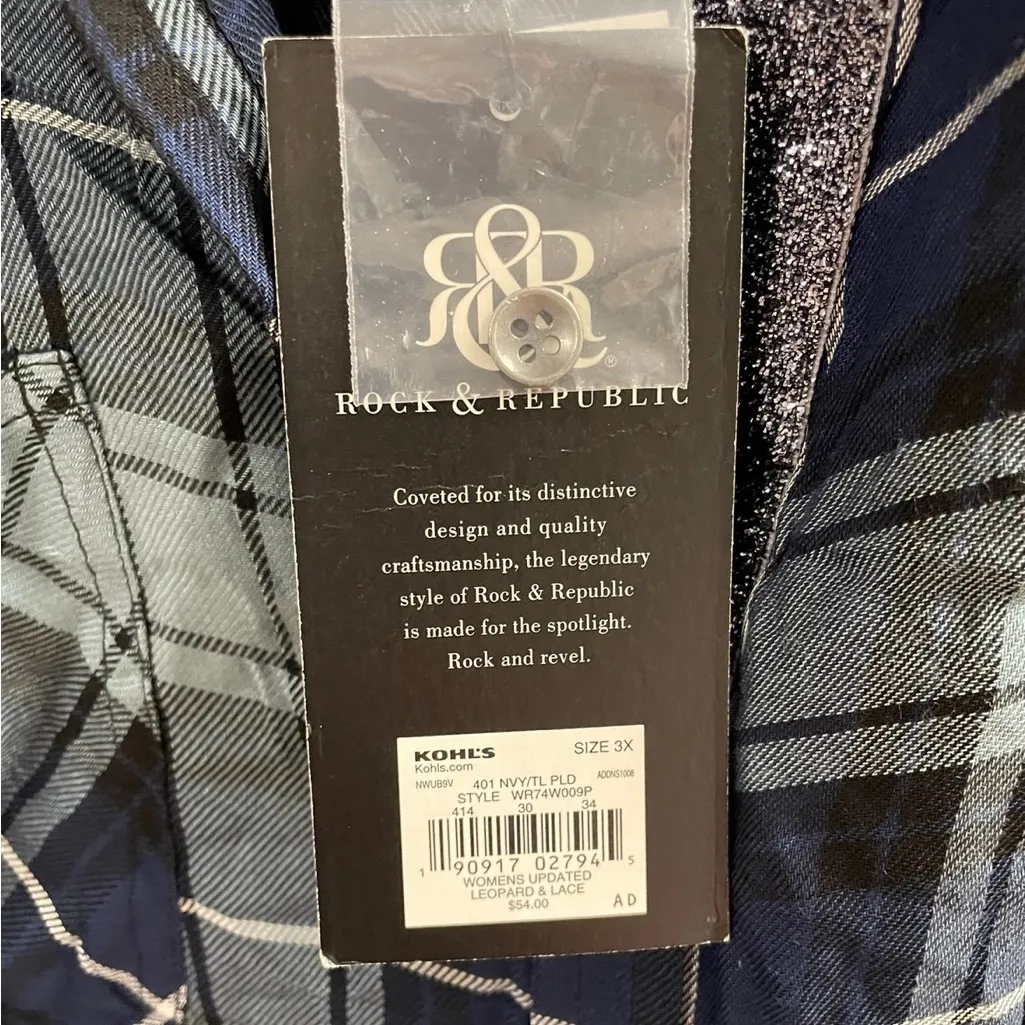 Rock & Republic Blue Gray Plaid Button Up Shirt Top Blouse Women 3X NWT NEW - Image 9