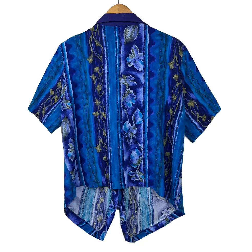 Vintage 90s Fashion Bug Blue Floral Tie Front Over Shirt - Image 5