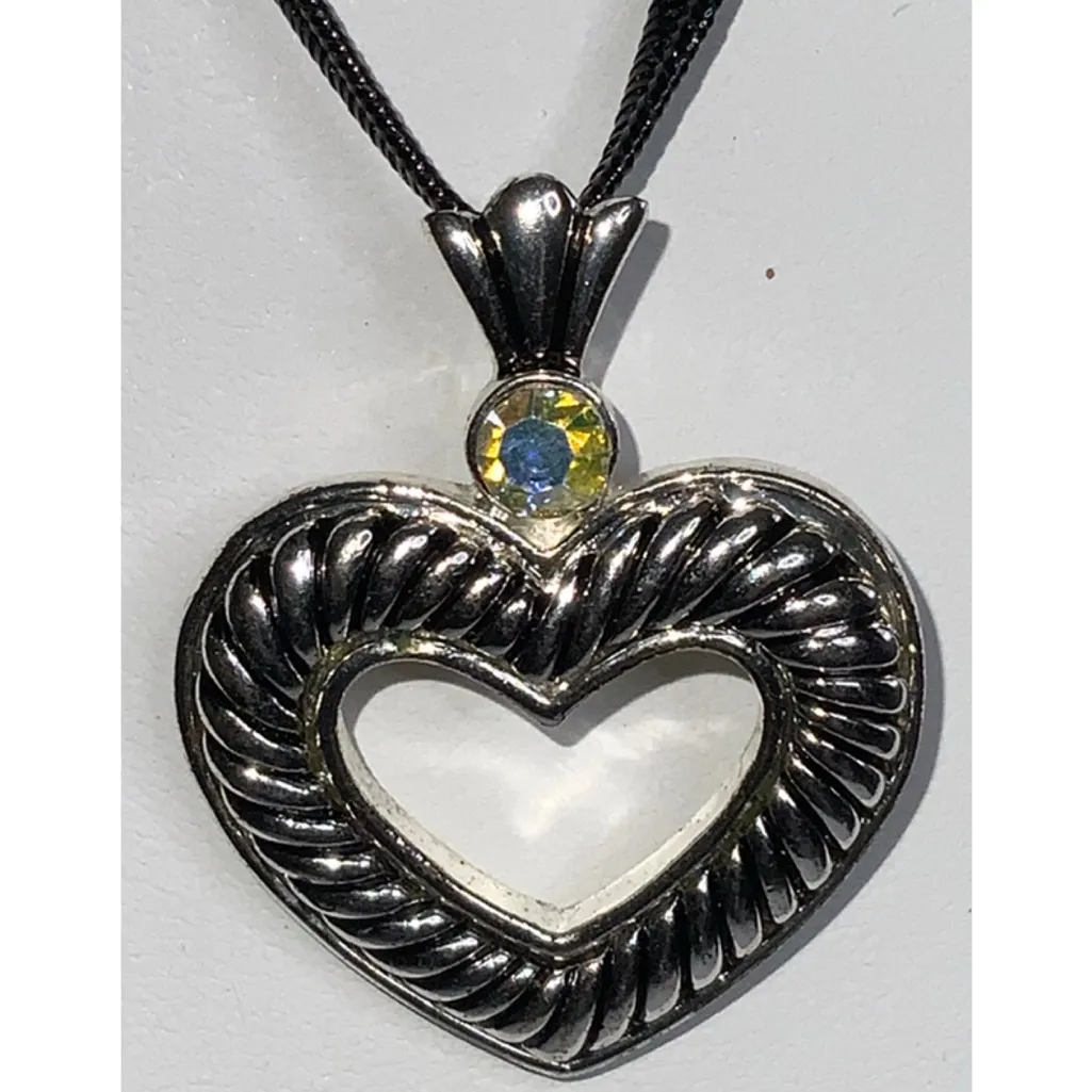 Silver Heart Pendant Necklace On Black Sparkly Fabric Necklace 18” - Image 2