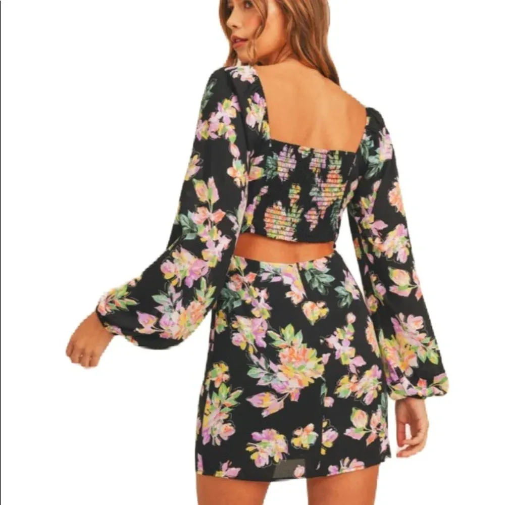 Lush NEW Square Neck Mini Dress Back Smocking Cutout Detail Dark Floral‎ Print - Image 2