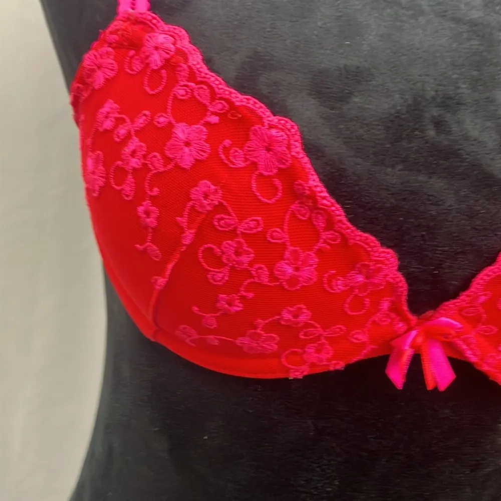 H&M red and hot pink mesh and floral print bra woman’s size 34 A - Image 2