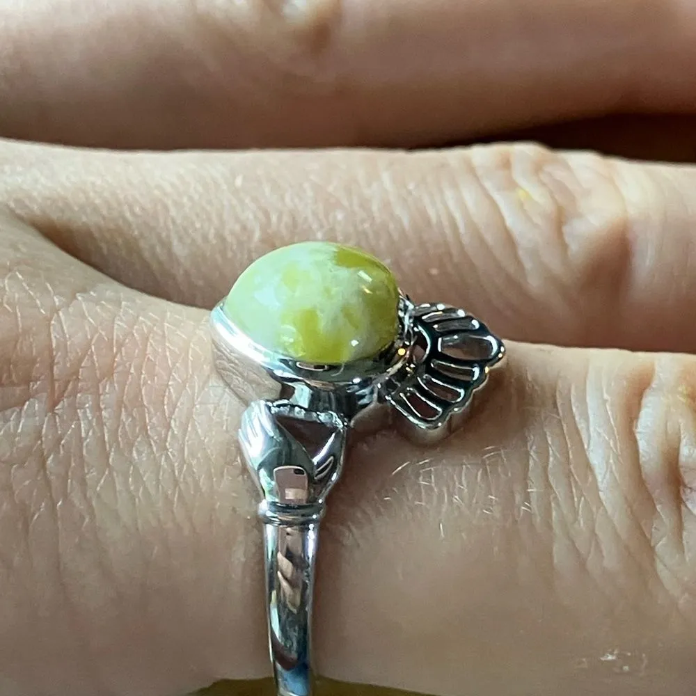 Natural Connemara Marble Sterling Silver Heart Claddagh Ring Size 8 - Image 3