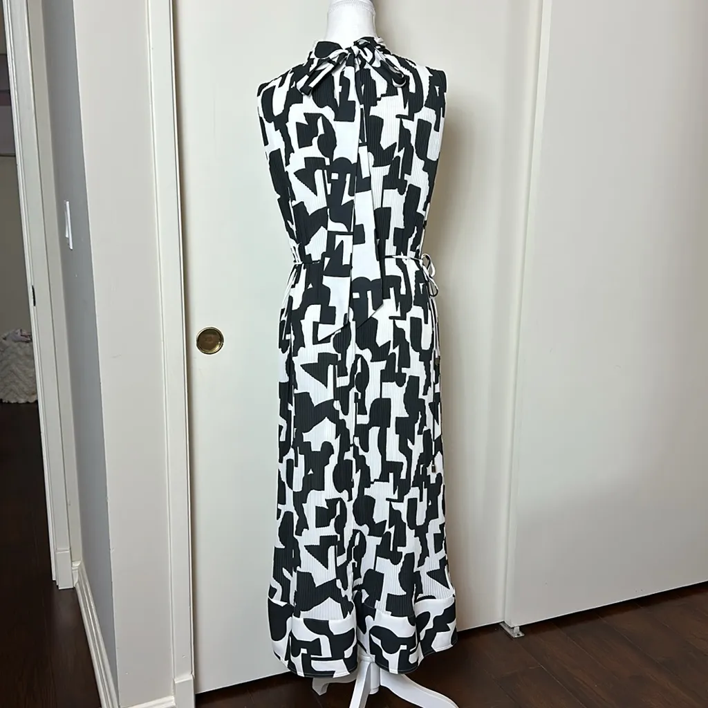 MILLY Melina Pleater Midi Dress Black‎ & White High Neck Structured Size 10 - Image 6