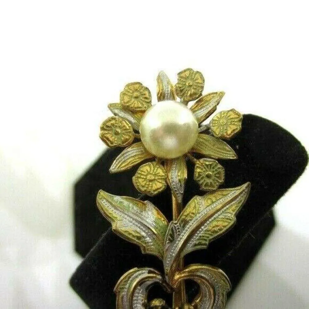 Vintage Gold Floral Brooch Faux Pearl Center Leaf Design Pin - Image 3