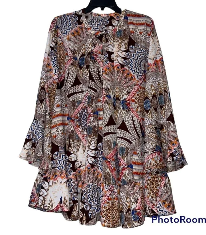 UMGEE small tunic shirt dress hi low fall colors button close front ruffle trim - Image 10