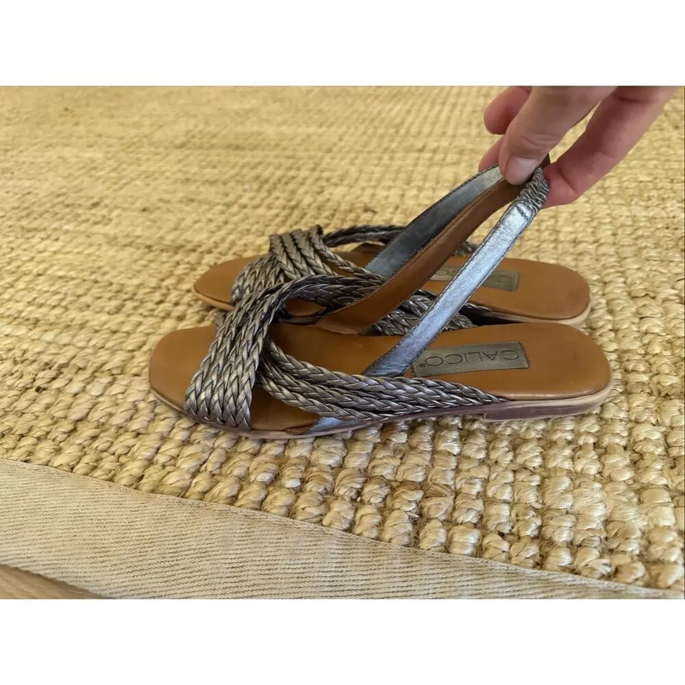 Calico Metallic Woven Leather Slingback Sandals Women’s Size (укажи свой) Square Silver - Image 3