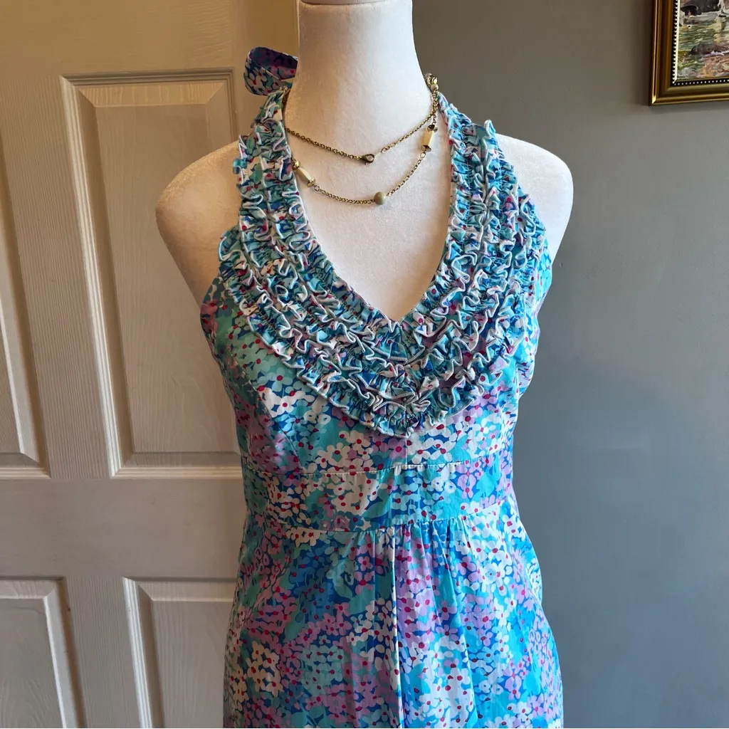 Lilly Pulitzer Vibrant Blue Patterned Backless Halter Dress Floral Size 2 - Image 2