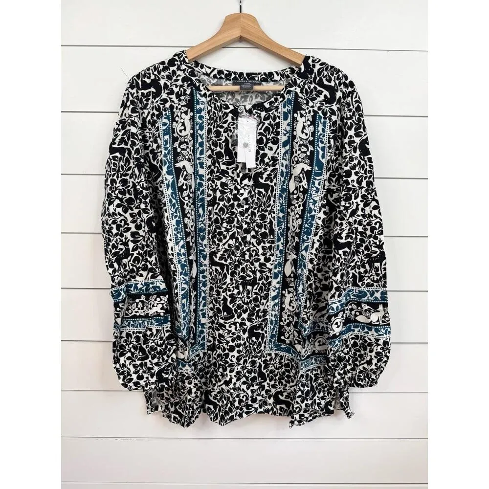 Chelsea & Theodore Womens Size 1X Black White Blue Fox Deer Print Boho Blouse - Image 13
