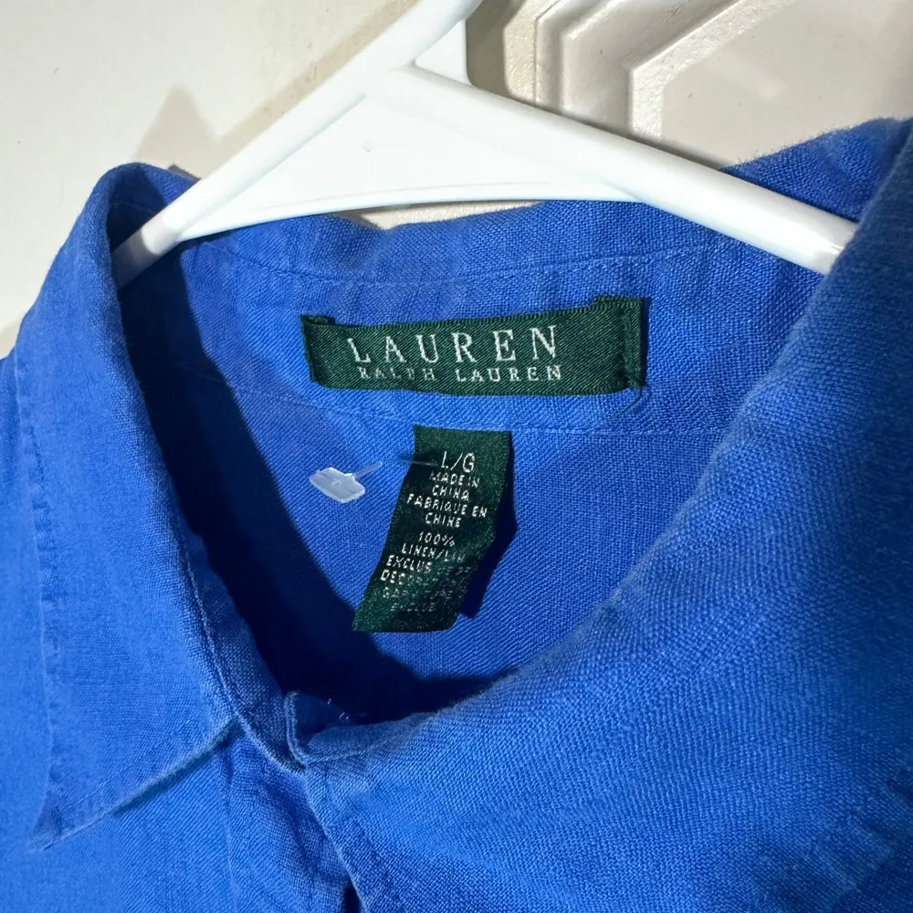 Lauren Ralph Lauren Linen Shirt Roll Tab Long Sleeve Button Down Blue Logo Large - Image 2
