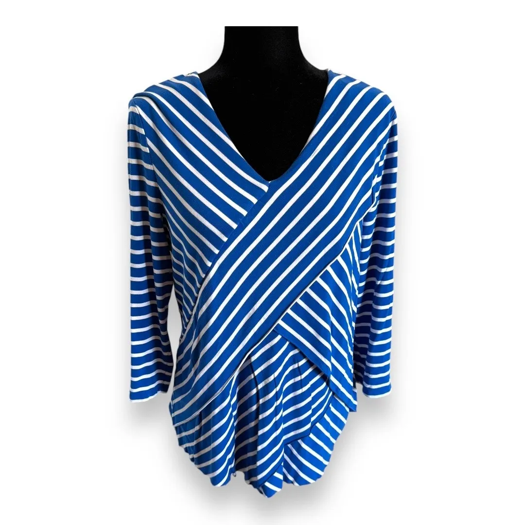 Chico's Womens Top Sz 1 M‎ 8 Blue White Miraculous Stripe Tiered Knit - Image 8