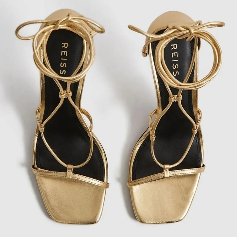 Reiss Kali Leather strappy Stiletto wrap Sandals in gold Metallic size 37 NWOT - Image 2