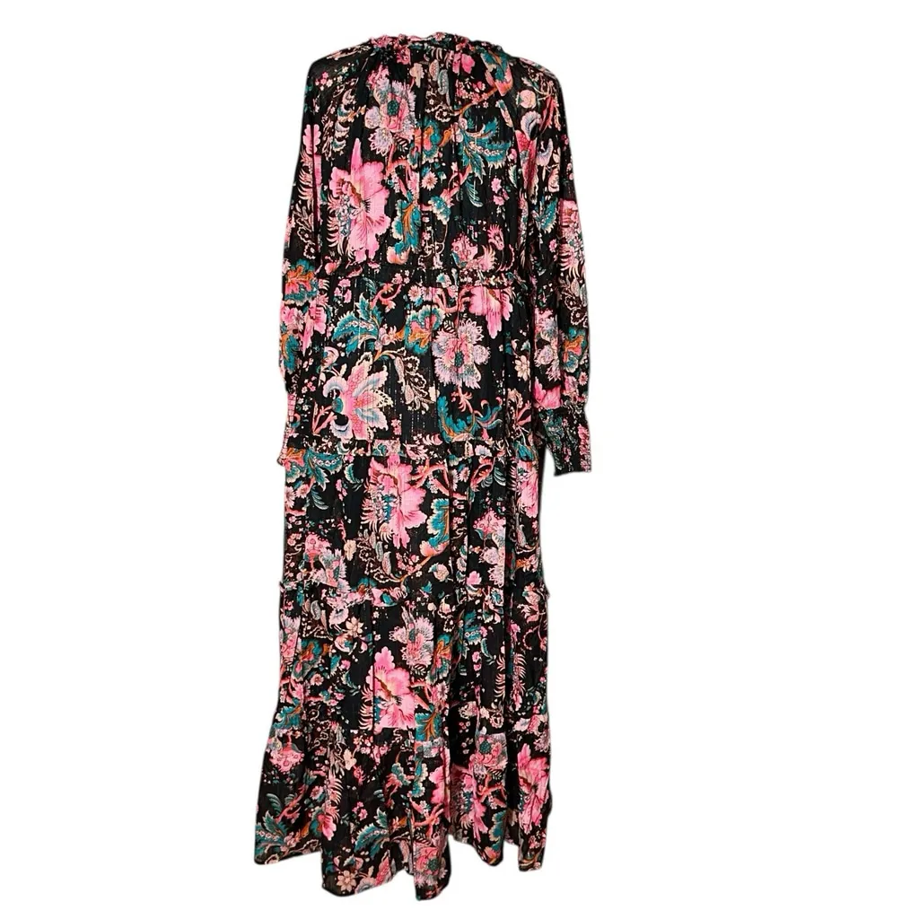 House Of Harlow Black Floral Long Sleeve Boho Tiered Maxi Dress Lined Cotton EUC - Image 4
