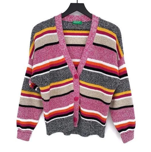 UNITED COLORS OF BENETTON Striped Chunky Knit Cardigan Pink Black XS/S - Image 1