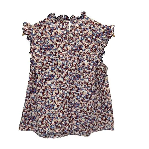 English Factory Womens Floral‎ Ruffle Cap Sleeve Blouse Top Blue Brown Sz Medium - Image 3