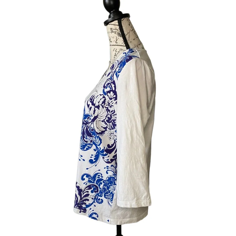 Weekends Chico's White Long Sleeve V-neck Top Medium 1 Blue Purple Paisley Bling - Image 4