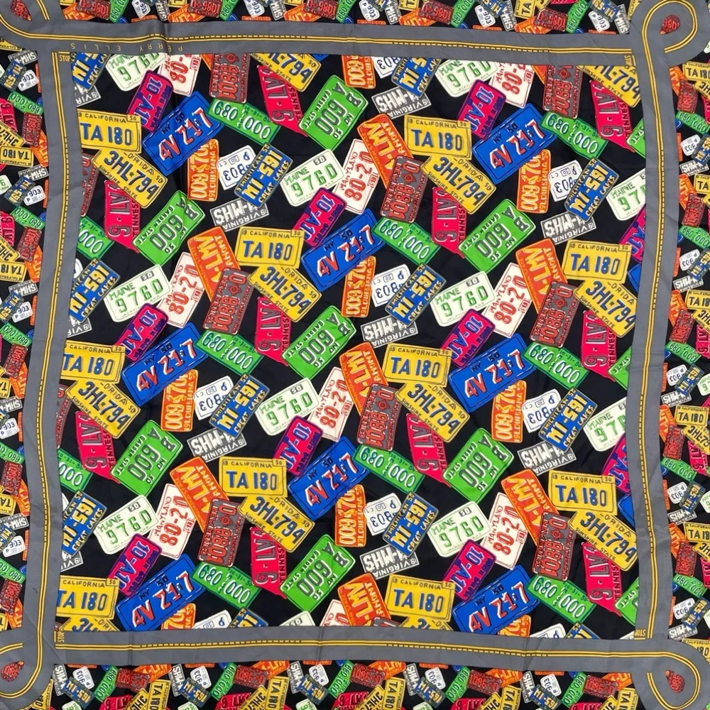 Vintage Perry Ellis Silk Square Scarf Colorful License Plate Novelty Print 31” - Image 2