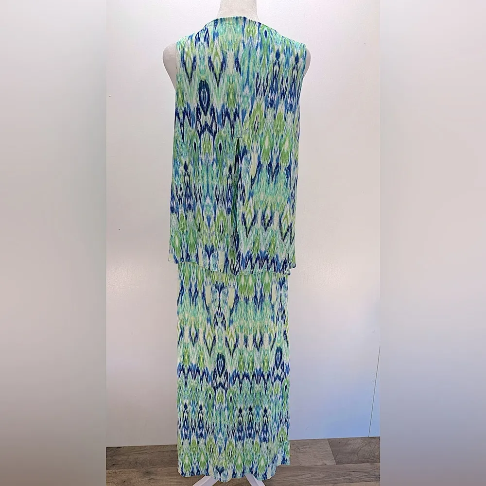 Chico’s Ikat Popover Maxi Dress Print Blue & Green Sleeveless Boho Vacation 0/S - Image 5