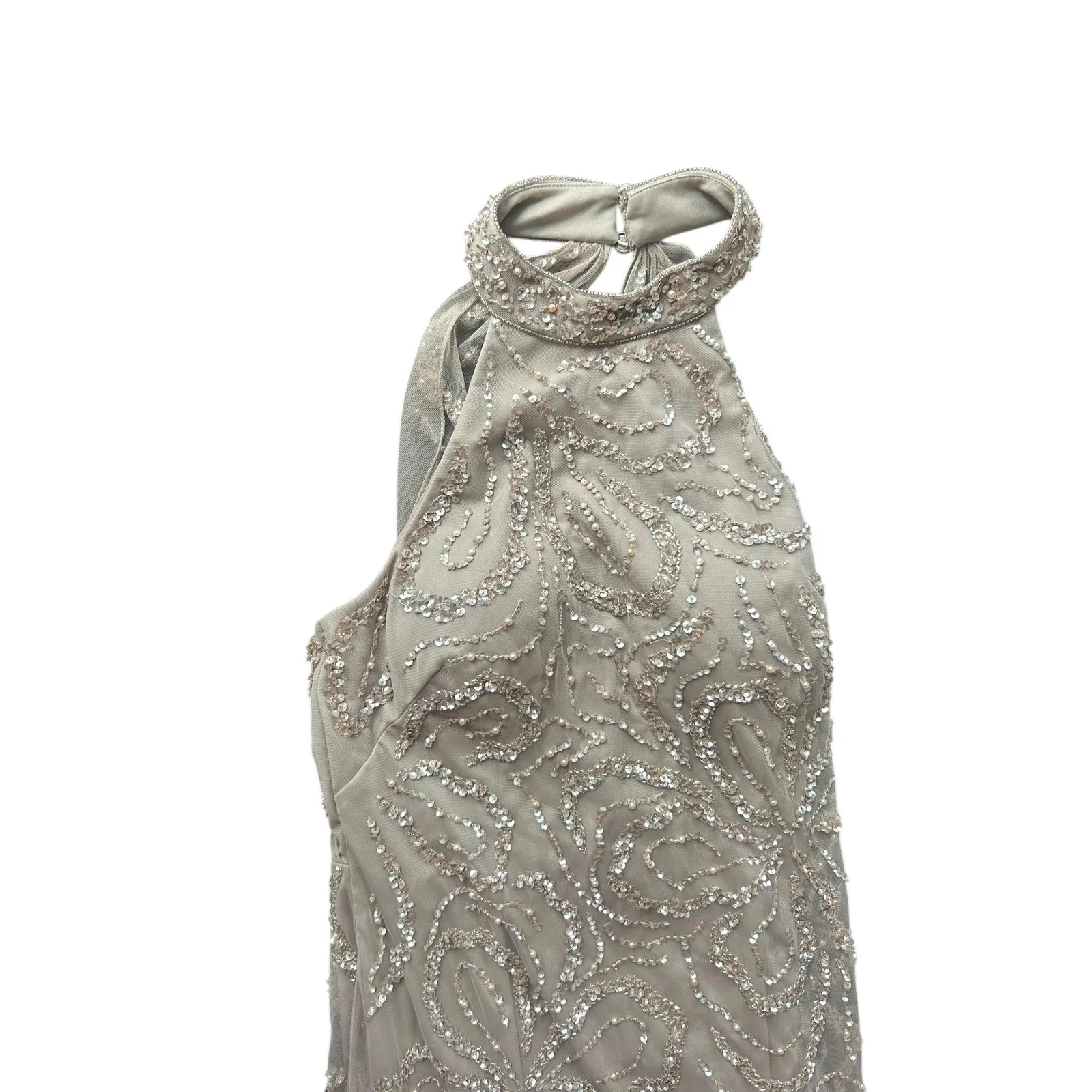 Adrianna Papell Platinum Style No. 40284 Embellished Halter Neck Gown Taupe 12 Tan - Image 7