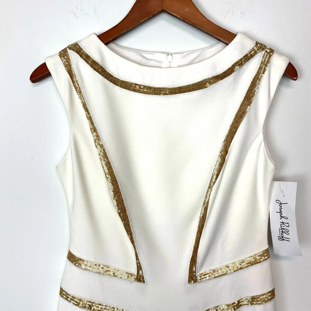 Joseph Ribkoff White Gold Sequined Sleeveless Sheath Dress Sz 6 - Image 7
