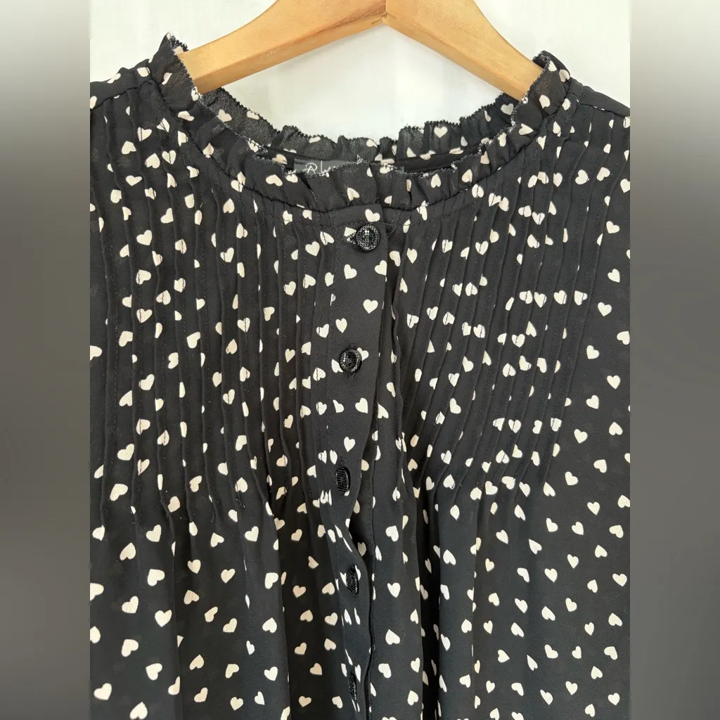 Adrianna Papell Heart Print ruffle neck long sleeve tunic shirt black nude med - Image 4