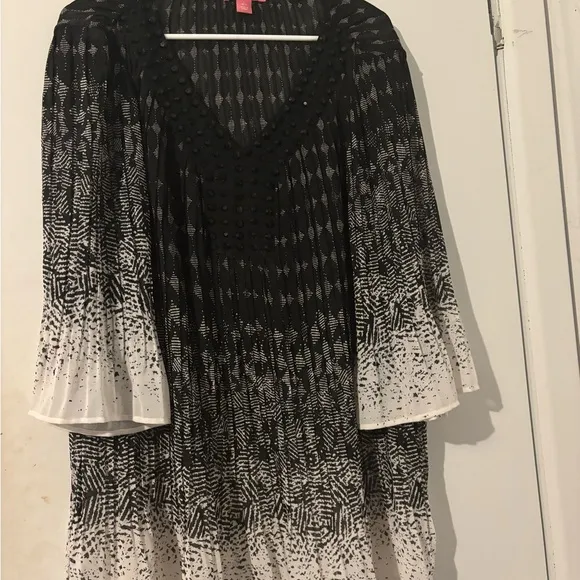 Woman Within Black and White Bell Sleeve V-Neck Top - Image 1