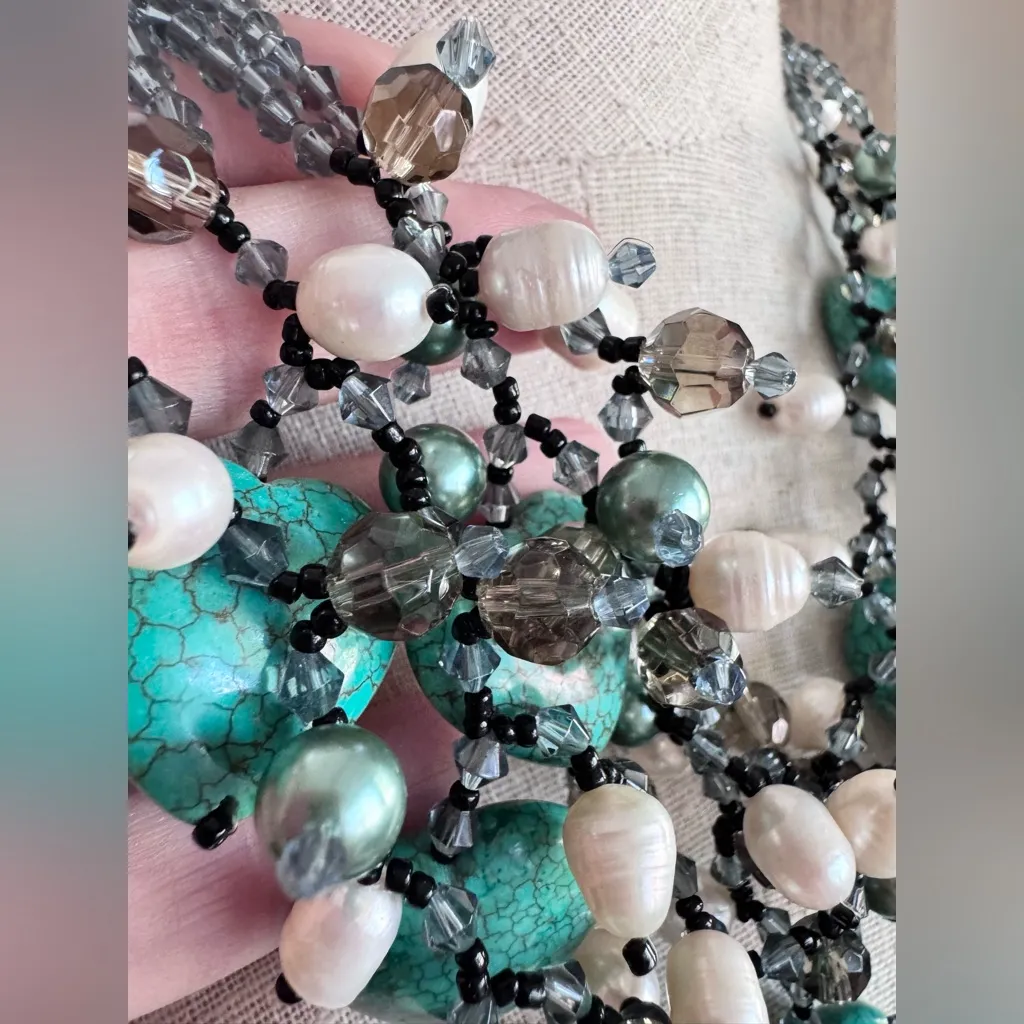 Freshwater Pearl & Faux Turqouise Hearts Glass Bead Chunky‎ Bib Fringe Necklace Green - Image 5
