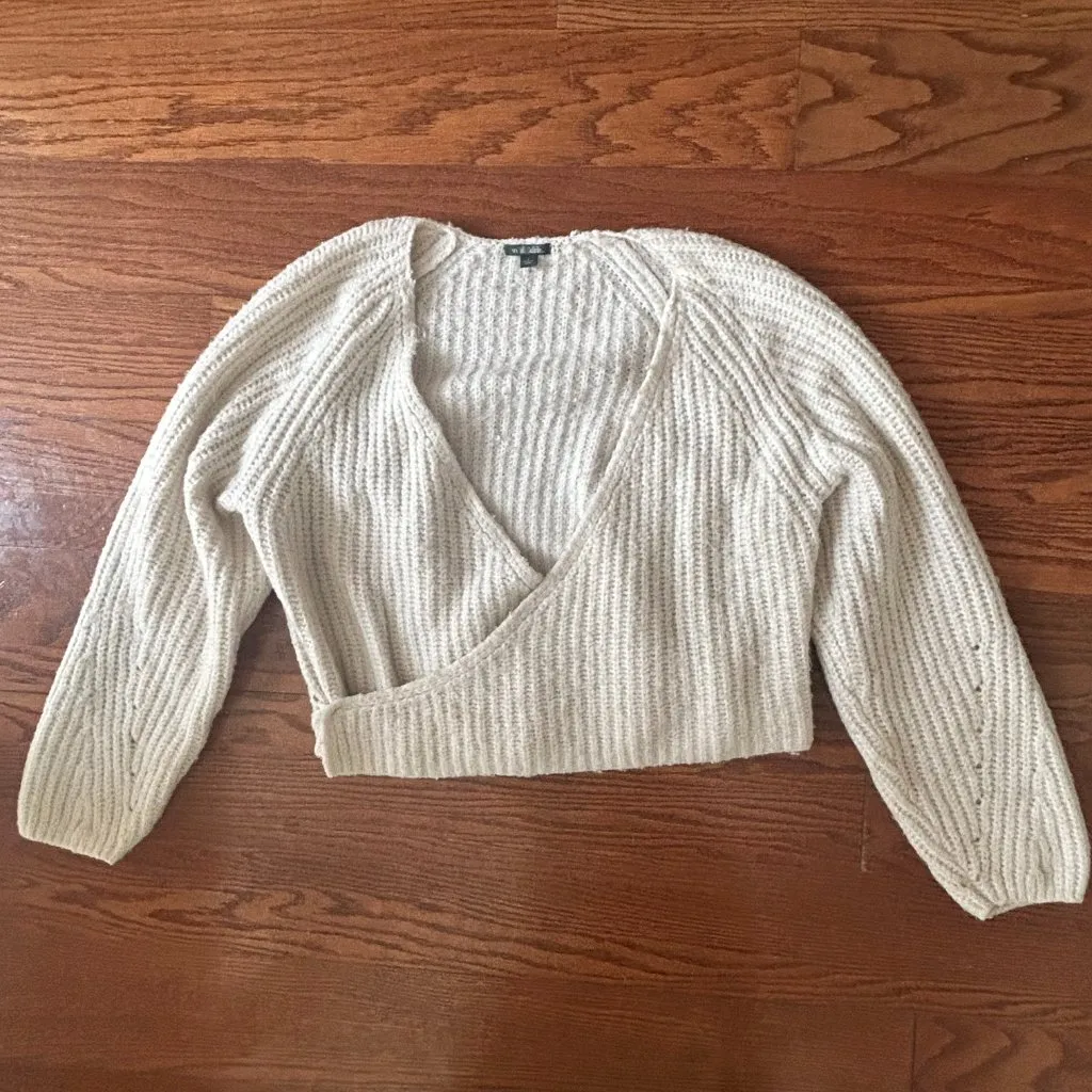 Wild Fable Wrap Sweater Pointelle Sleeves V Neck Ivory Size Small Chunky Knit - Image 5