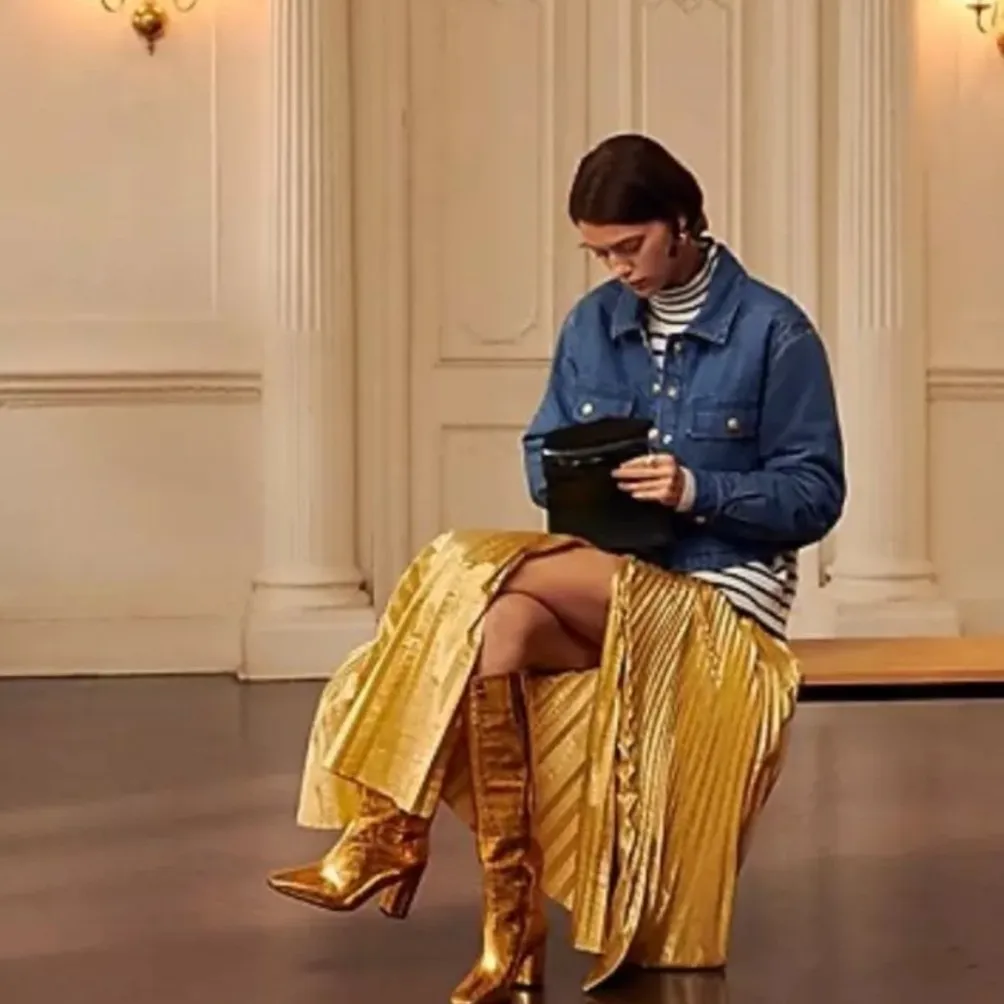 J Crew Pleated Wrap Skirt Gold Lamé Metallic Shimmer Midi Size 6 S M - Image 4