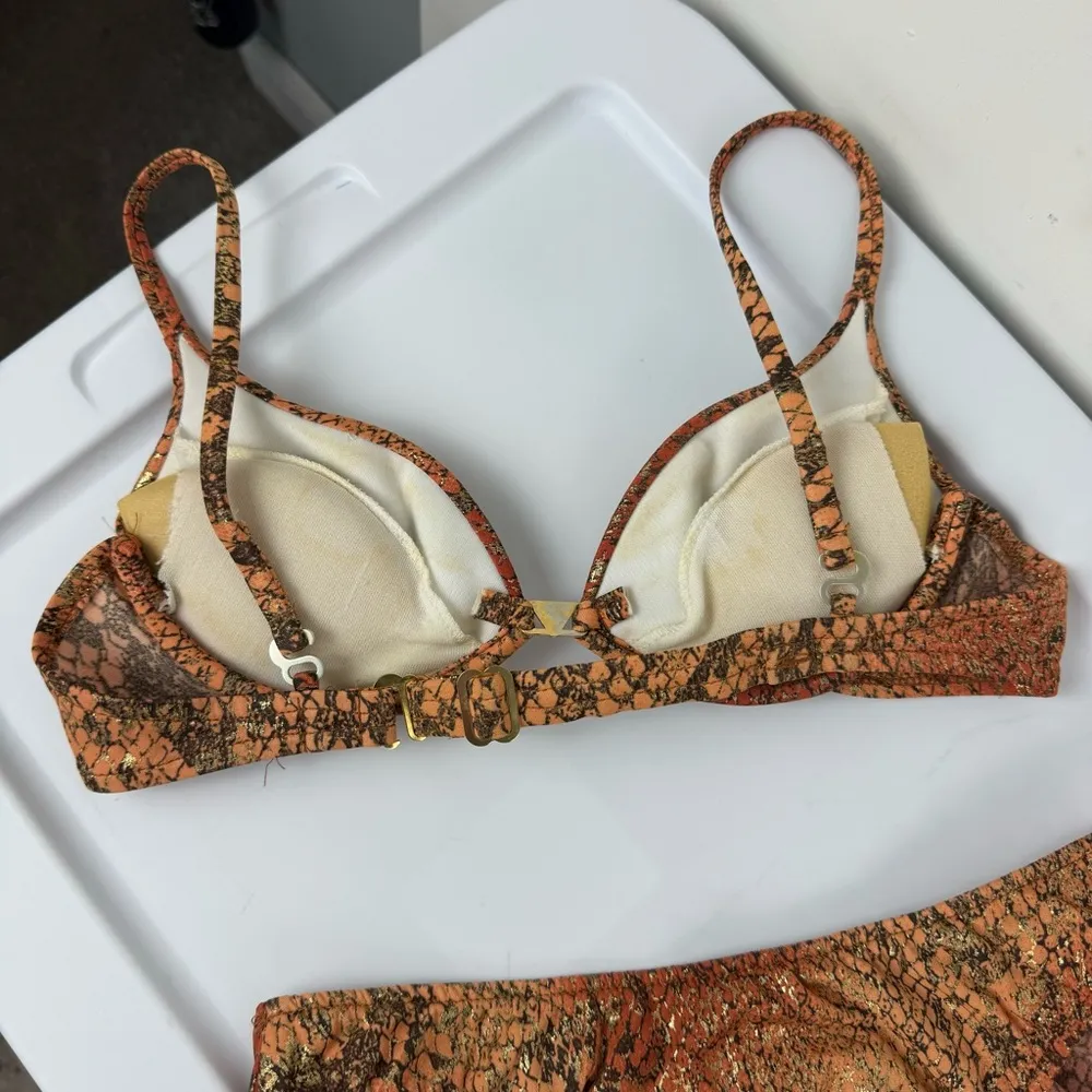 Vtg Venus Womens Orange Gold Metallic Snakeskin Bikini Set Sz A Cup Large - Image 13