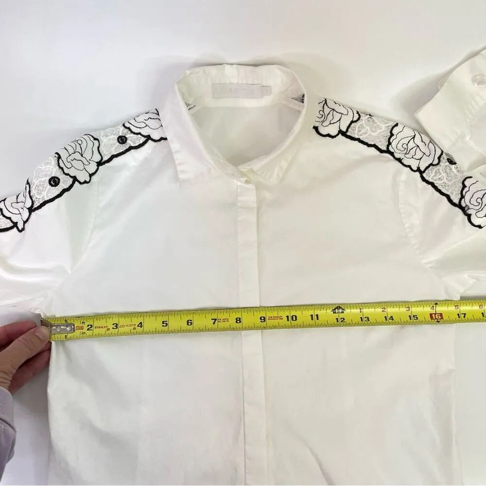 Ann Fontaine White Poplin Shirt Size 36 Black Embroidered Roses Lace Parisian - Image 6