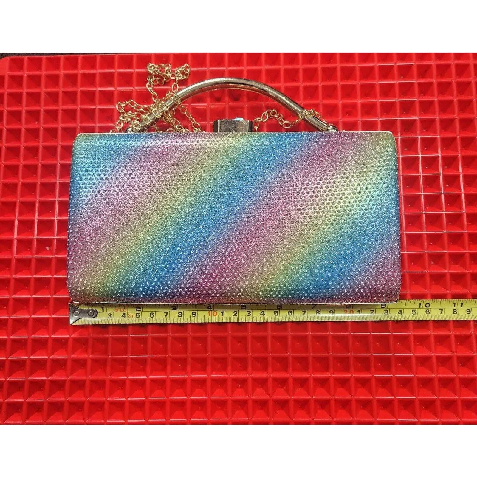 Rainbow Colored Rhinestone Clutch Purse Gold Tone Hardware - Image 2