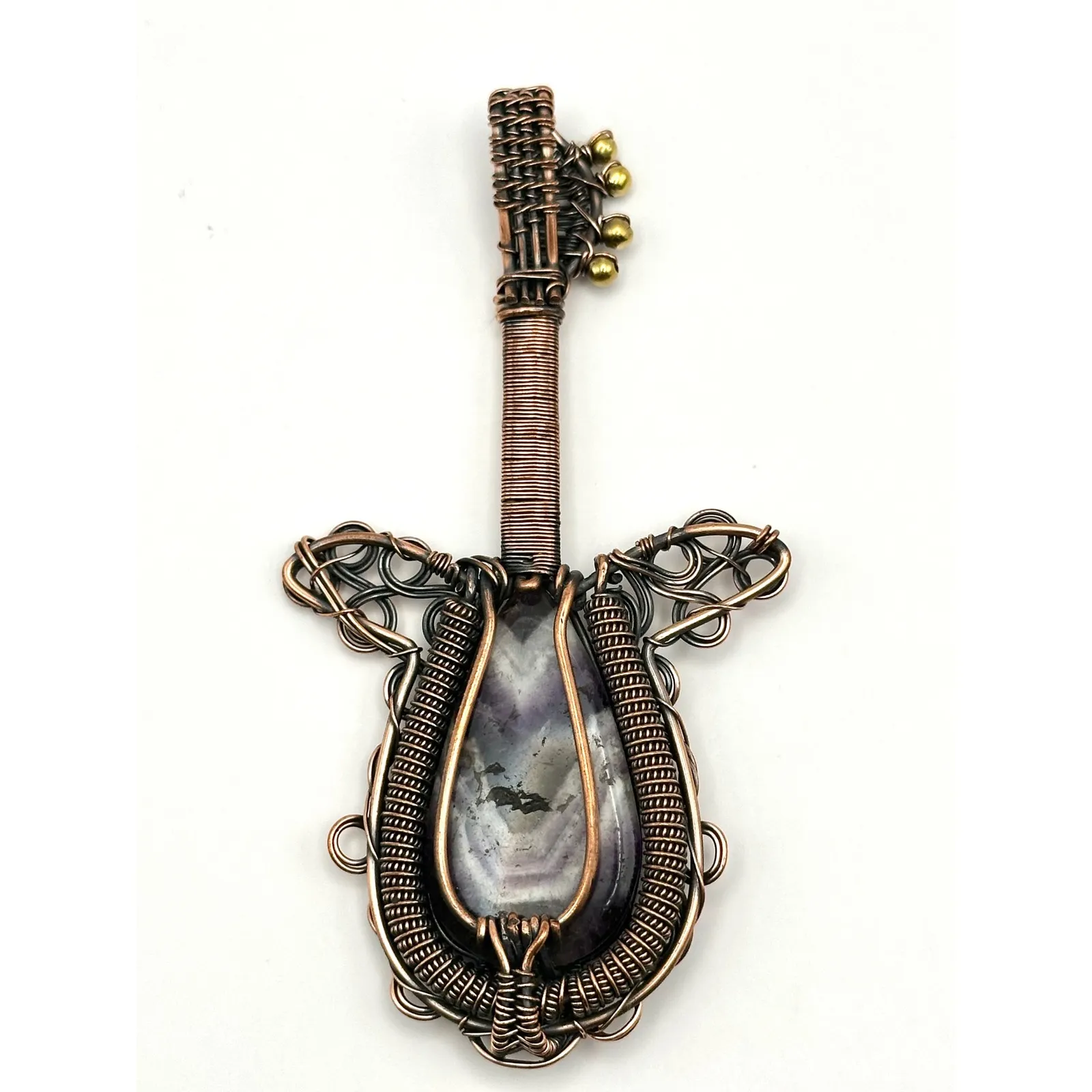 Chevron Dream Amethyst‎ Copper Wire Wrapped Guitar Pendant - Image 4