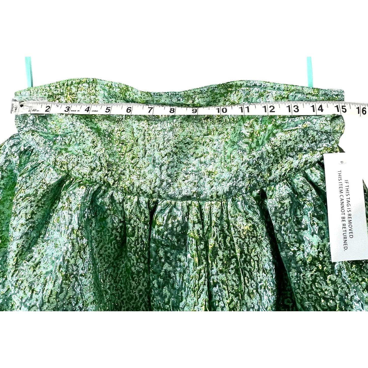 Amylynn Sara Strapless Tiered Mini Dress Green Metallic NWT Womens M Fairycore Size M - Image 5