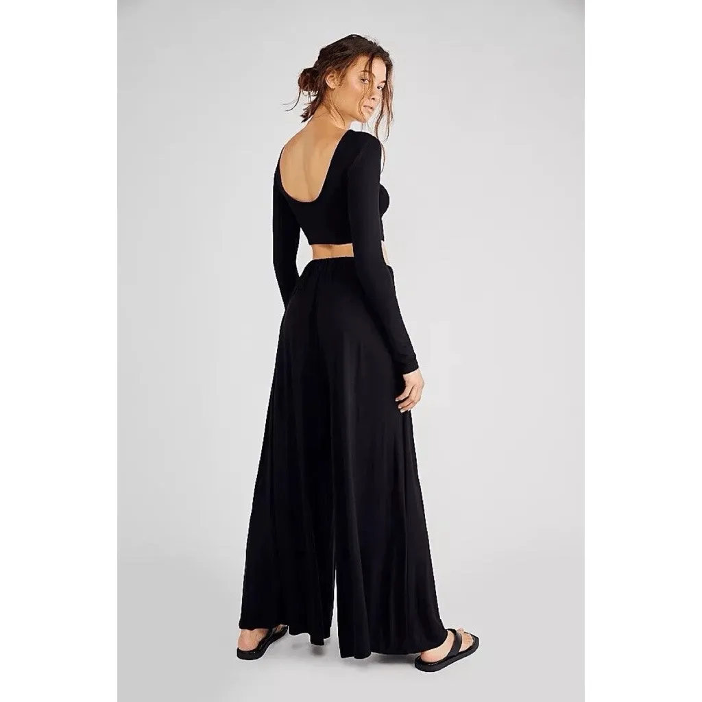 Free People • FP Beach Alia wide leg pants black flowy jersey knit palazzo - Image 11