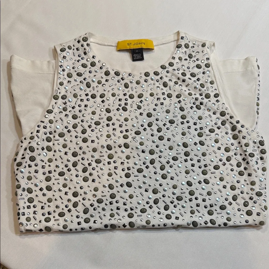 ST JOHN Embellished Sleeveless Tank Top White Silver Studded Couture Lux Shell - Image 10