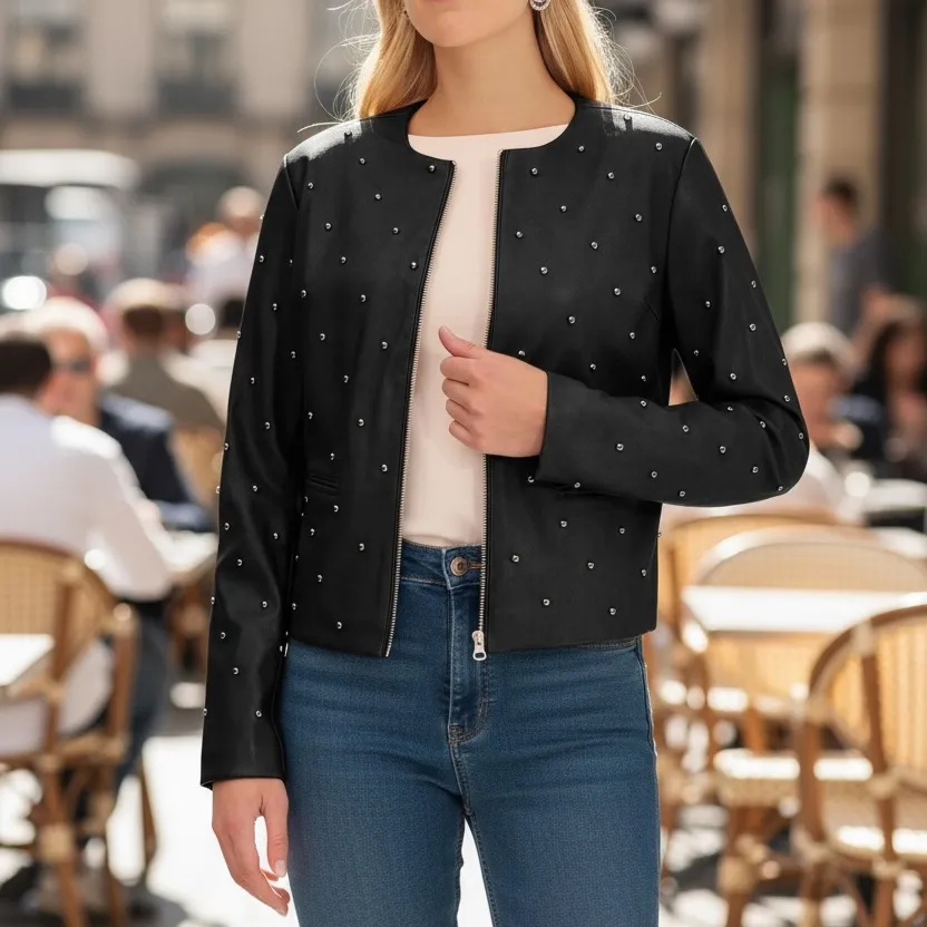 NWT $168 Bagatelle Collection Women's Studded Faux Leather Jacket Black - Image 2