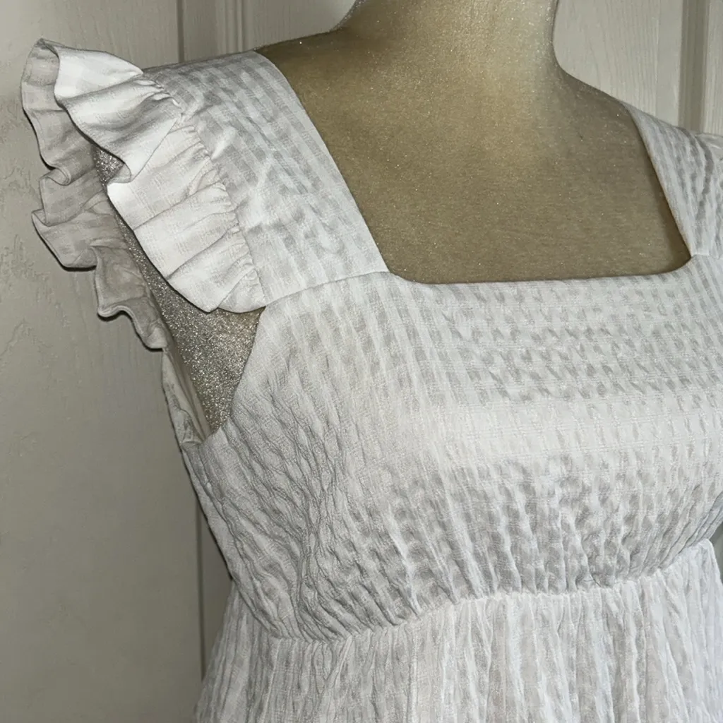 Gianni Bini GB White Square Neck‎ Flutter Sleeve Seersucker Darling Dress Sz S - Image 2