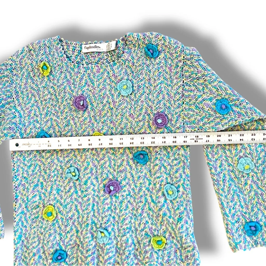 Vintage Y2K Beautiful Flapdoodles All Over 3D Flowers Crochet Sweater Sz 14 Blue - Image 5