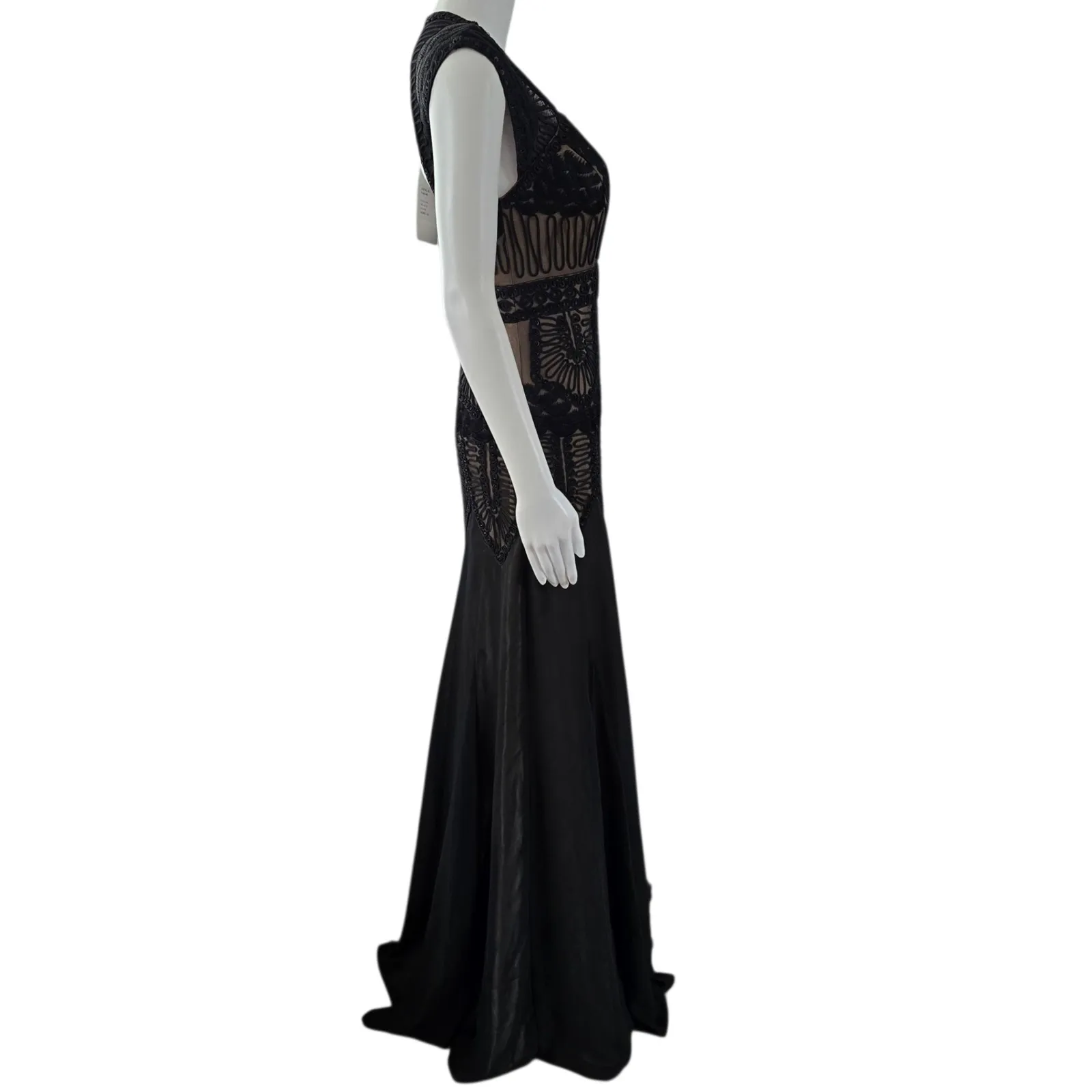 Sue Wong Nocturne Black Lace Beaded V Neck Cap Sleeve Maxi Dress Size 6 - Image 4