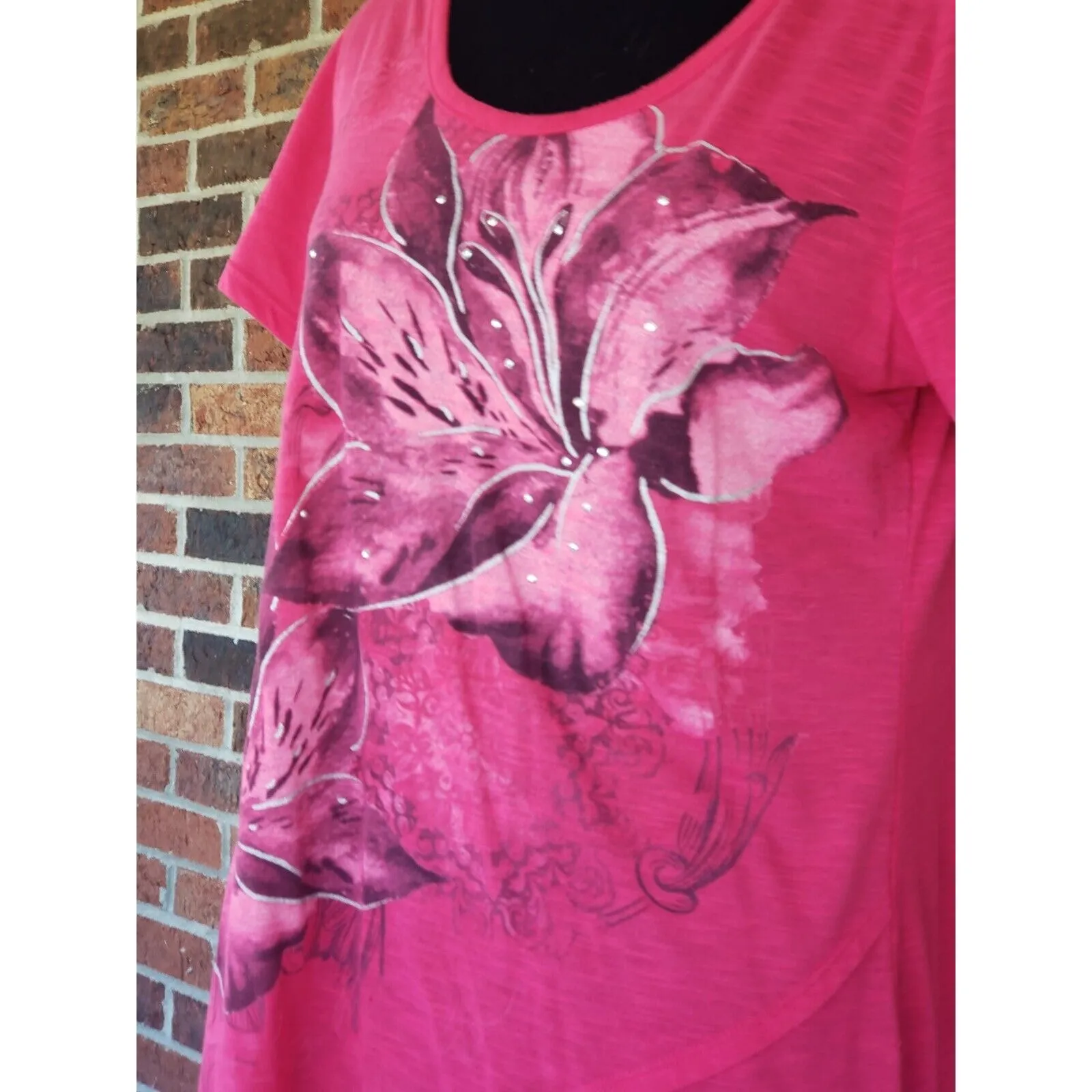 Faded Glory T-Shirt Pink Top with Flower Design - Size L 12-14 - Image 2