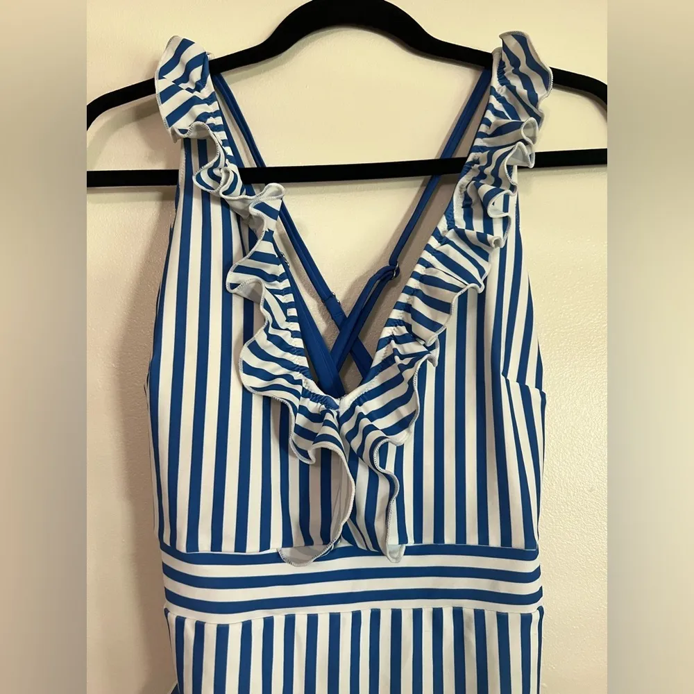 Women’s One Piece Swimsuit XL - V-Neck Striped Ruffled Back Cross Swim - Image 4