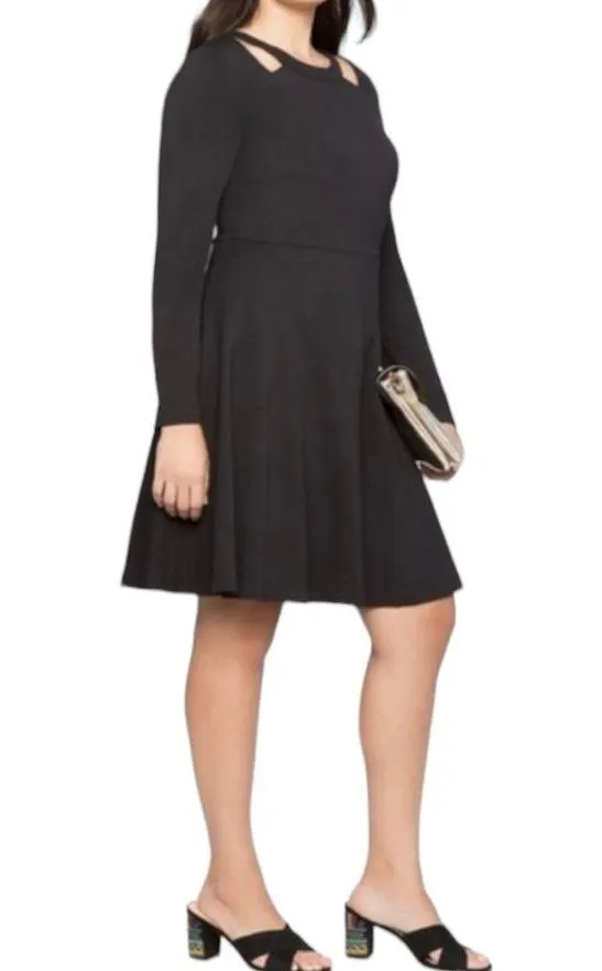 NWT  Knee Length Open Shoulder Long Sleeve A Line Dress Black Size 16 - Image 3