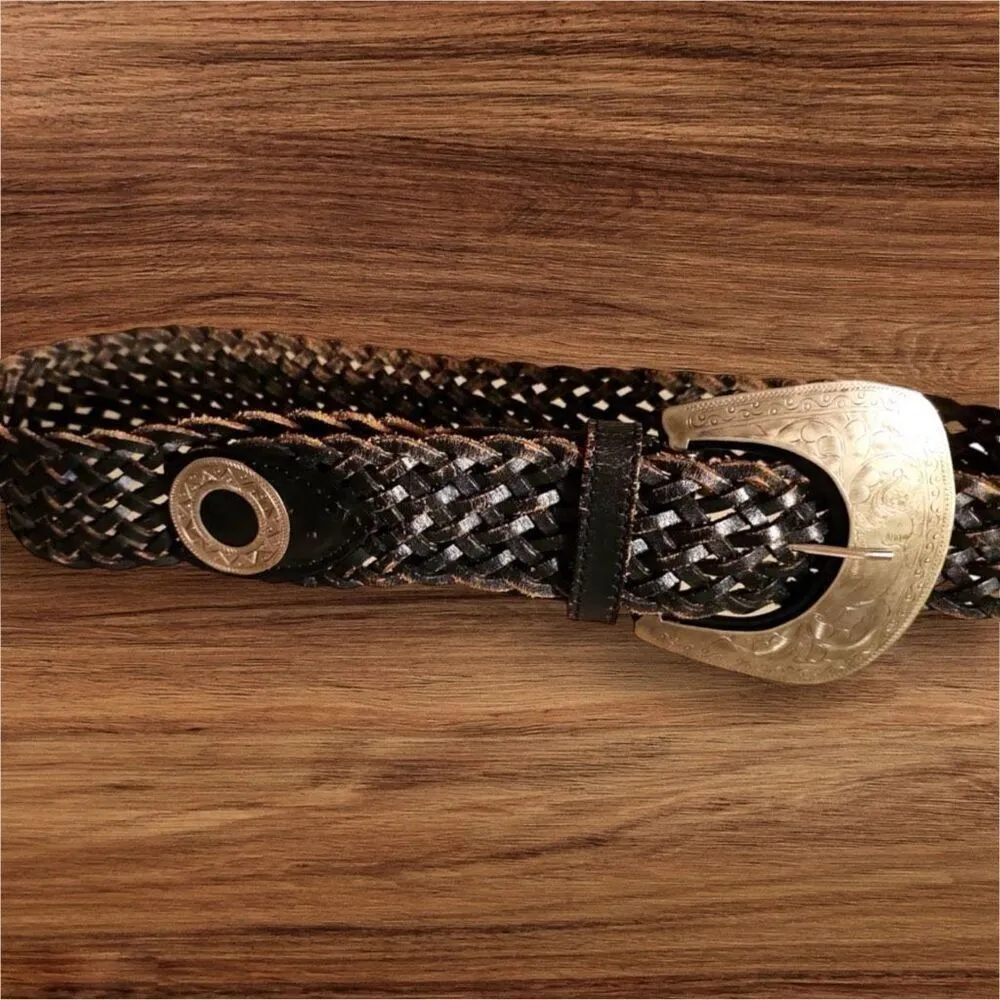 90s Vintage Womens 100% Leather Chunky Braided Elephant Engraved Belt sz M/L Brown - Image 2