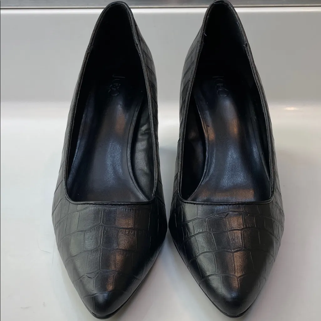 LOGO Lori Goldstein Women’s Liza Leather Reptile Embossed Black Pointed Heels - Image 3