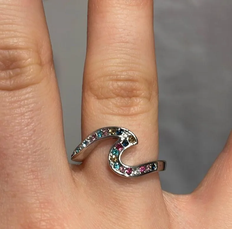 Size 6 Sterling Silver Wave Ring With Colorful Jewels - Image 2