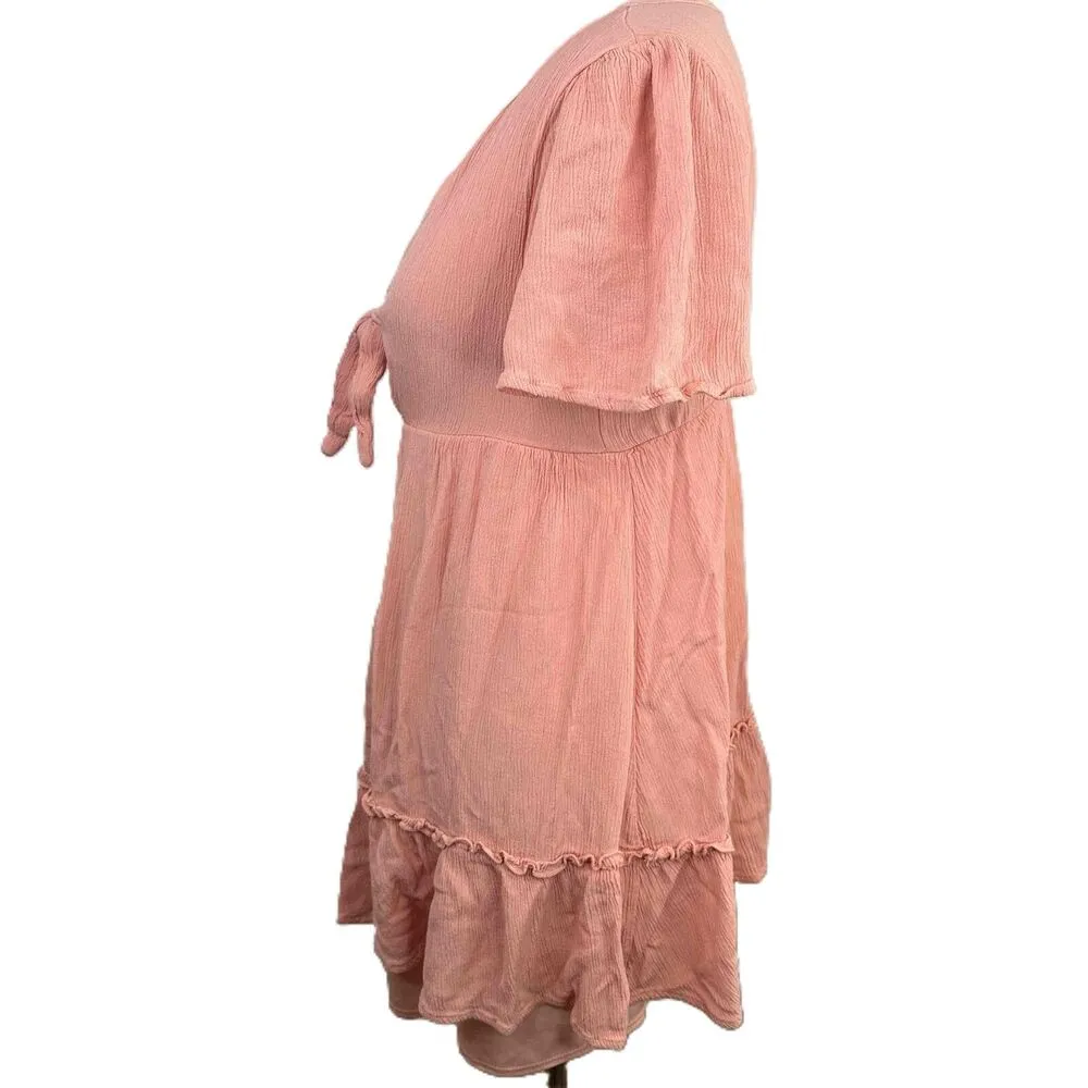 Altar'd State Pink Peach Short Sleeves V-Neck Ruffle Tie Front Dress Size M - Image 5