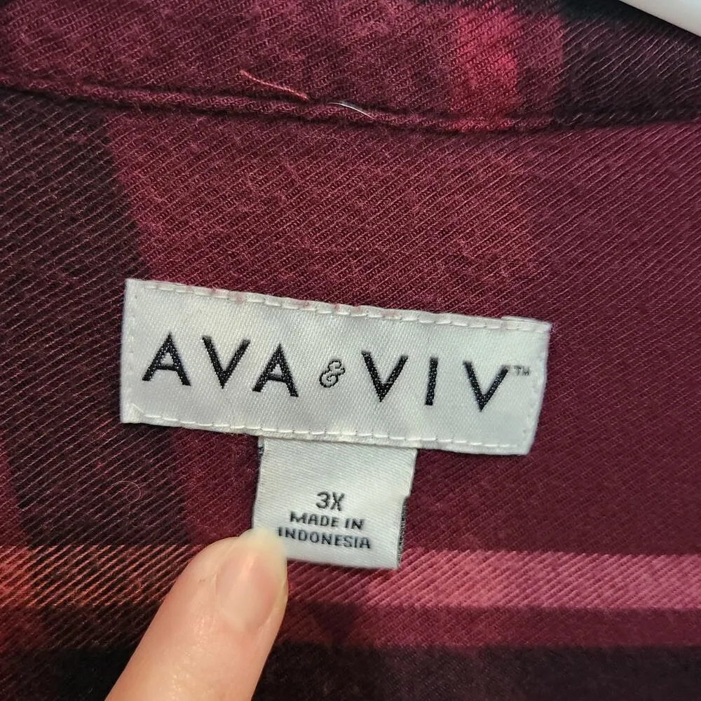 Ava & Viv Long Sleeve Button Up Plaid Shirt Retro Casual Tunic Burgundy Size 3X - Image 8
