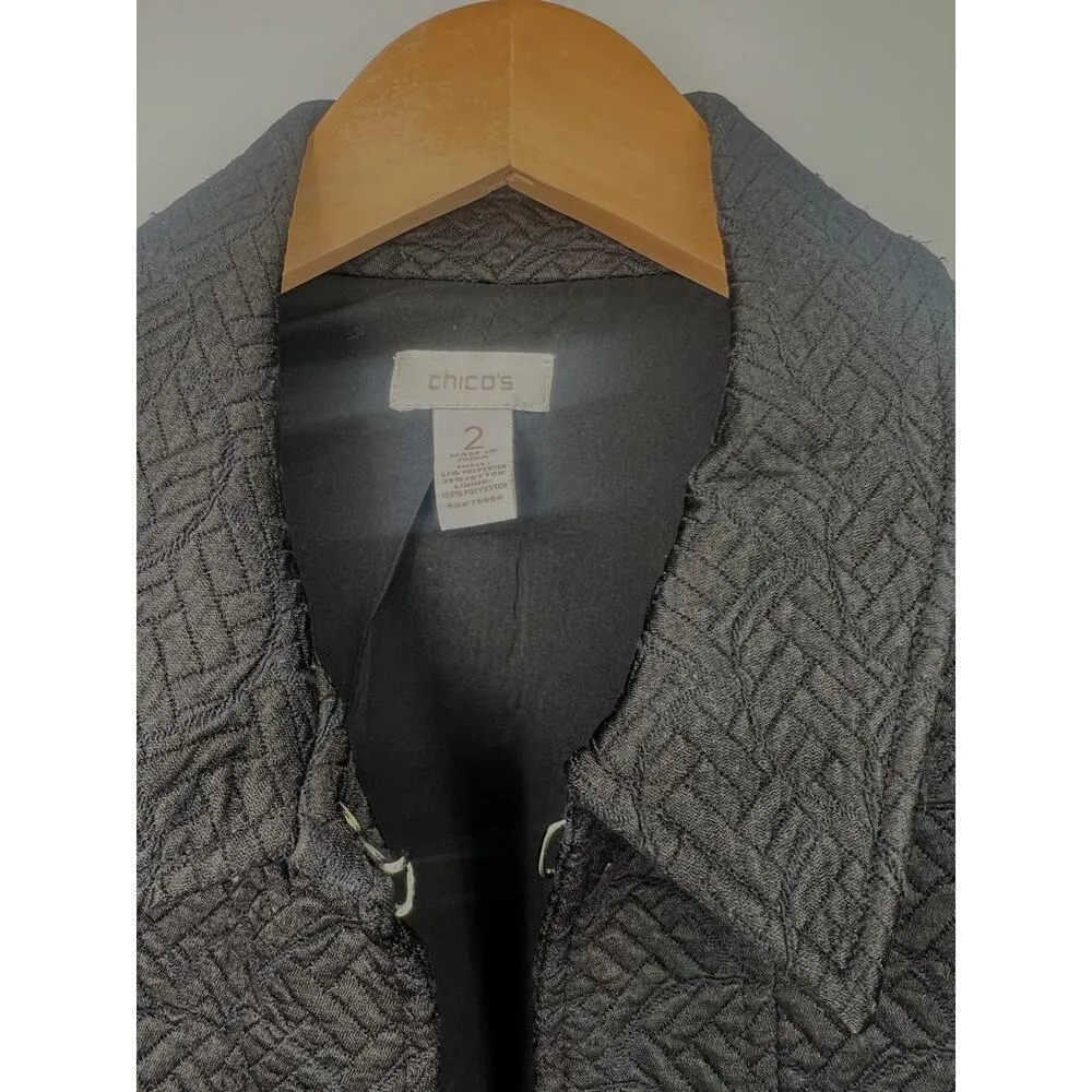 Chico's | M | Black Textured Blazer Embossed Matte Satin Quilted Coat Jacket - Image 3